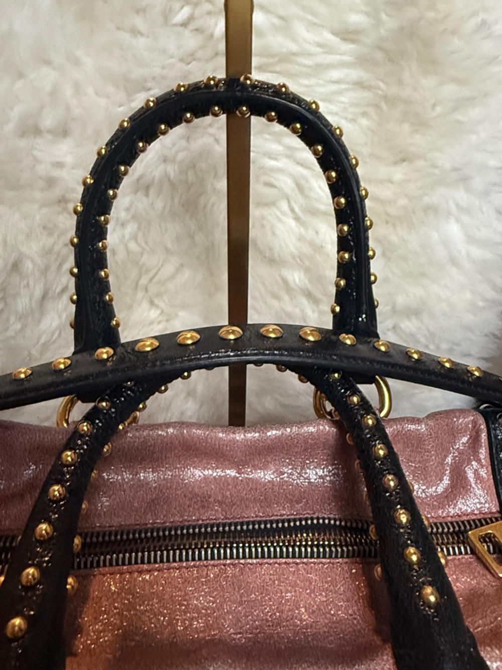 Prada Rose Pink Leather Satchel with Gold Studs and Black Trim & Crossbody Strap - Picture 8 of 10
